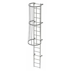 This steel fixed ladder with integrated safety cage provides secure vertical access for maintenance and inspection tasks. It is fully assembled, single-section, with 16 rungs and an overall width of 18 inches. Suitable for use in industrial facilities, warehouses, and commercial buildings where permanent access to elevated areas is required.