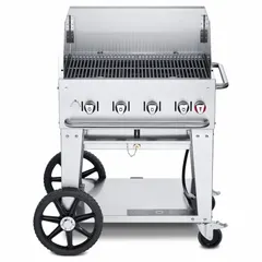 This wheeled natural gas grill features four burners with a total heating capacity of 64,500 BtuH. It has an overall height of 47 inches and weighs 195 lb, accommodating one 20 lb LP tank. Suitable for outdoor cooking in commercial or residential settings where mobility and high-output performance are required.