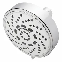 Multi-pattern fixed showerhead with polished chrome plastic construction. Flow rate of 1.5 gpm. Suitable for commercial and industrial shower applications where water conservation and consistent spray patterns are required.
