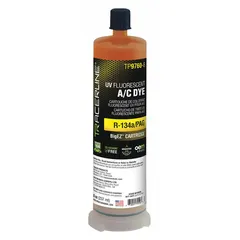 This 8 oz cartridge of R-134a A/C dye is used to inject fluorescent dye into air conditioning systems for leak detection. The dye circulates with the refrigerant and glows under UV light at leak points. Suitable for R-134a systems in vehicle and equipment A/C maintenance.