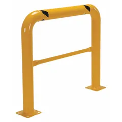 Floor-mounted steel guardrail in yellow with a top rail height of 42 5/8 in and a mid-rail height of 21 in. Includes mid-rail and features 7/8 in mounting holes. Suitable for protecting equipment and personnel in industrial environments.
