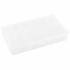 This clear plastic compartmented box from FLAMBEAU features 12 fixed compartments, each measuring 1-11/16 in x 2 in. It is not electrostatic discharge conductive. Suitable for organizing small components such as fasteners, fittings, or craft items in workshops, garages, or hobby areas.