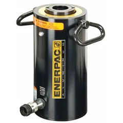 The ENERPAC RACH306 is a 30-ton nominal capacity lightweight hollow ram with a 6-inch stroke and 1.34-inch plunger diameter. Its hollow plunger design enables rod pulling or cable tensioning through the center, suitable for lifting, pressing, and tensioning in heavy industrial applications such as bridge construction, shipbuilding, and steel erection.