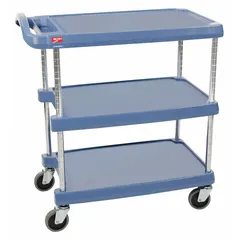 Polymer lab cart with three shelves, overall height 35 1/2 inches and width 18 3/8 inches. Used for transporting instruments, glassware, and supplies in laboratory and industrial settings. Corrosion-resistant and easy-to-clean shelves.