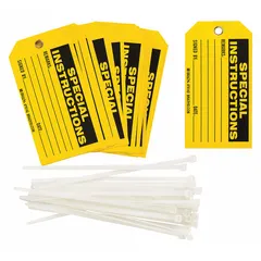 Black pre-printed header tags with cable-tie fasteners for attaching special instructions to cables, hoses, or equipment. Supplied in a pack of 25 tags. Suitable for industrial facility identification and labeling.