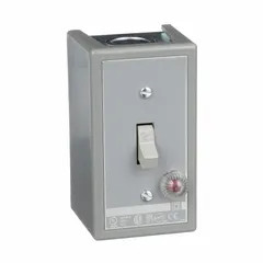 This enclosed manual motor switch from SQUARE D is rated for 30 A and 2 poles, with a NEMA 1 painted steel enclosure for surface mounting. It includes a red pilot light for 230V AC and has a maximum voltage rating of 230V DC. Typical applications include local on/off control of motors and other equipment in industrial environments.