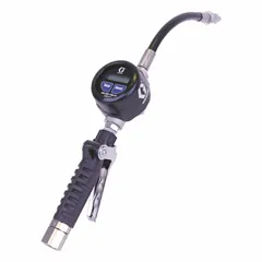 This digital metered manual dispense gun features a stainless steel nozzle body with a flexible rubber spout and pressure-activated operation, supporting a maximum flow rate of 8 gpm. Wetted materials include acetal, aluminum, carbon steel, Geolast®, nitrile rubber, and stainless steel. Suitable for precise fluid dispensing in industrial applications such as transferring lubricants or adhesives.