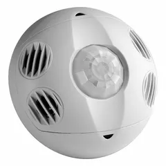 Ceiling-mount occupancy sensor combining passive infrared (PIR) and ultrasonic detection technologies. Operates on 24V DC power and is hardwired. Load capacity is determined by the power pack rating. Suitable for automatic lighting control in commercial and industrial spaces.