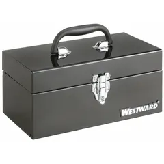 This steel tool box provides secure storage for hand tools and accessories. The single compartment accommodates small tools, while the included padlock offers security. Its black finish and compact dimensions suit use in workshops, garages, or job sites.