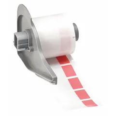 Vinyl wraparound label in red matte finish, sized 1 1/2 in x 3/4 in, for wire gauge 22 AWG to 16 AWG. Designed for use with BMP71 printer series and M71-R4300 ribbon. Commonly used for permanent wire and cable identification in electrical and instrumentation applications.