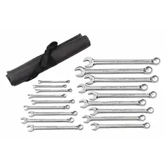 This 18-piece metric combination wrench set is constructed from alloy steel with a full polish chrome finish. The wrenches feature a 12-point box end and a ratcheting mechanism for faster fastener engagement without repositioning. Suitable for tightening and loosening fasteners in mechanical assembly and maintenance tasks.