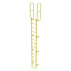 Steel fixed ladder with 14 rungs and a walk-through configuration for permanent vertical access. Single-section design with 28 in overall width. Suitable for industrial applications requiring safe egress to platforms or equipment.