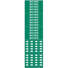 Green adhesive pipe marker with white legend reading 'Waste Water'. Designed for pipes with outer diameter of 3/4 inch and smaller. Pack includes 3 markers without arrows. Used for identifying waste water lines in industrial piping systems.