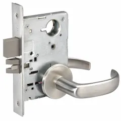 This privacy lever lockset features a satin chromium-plated finish and is ADA compliant. Designed for interior doors requiring privacy, such as bathrooms or bedrooms, it uses an ANSI F19 function and is available in the Pacific Beach style. This lockset does not include a visual indicator and is not ligature-resistant.