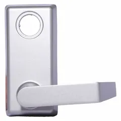 Silver aluminum lever trim for exit push bars. ADA compliant. Provides outside lever operation while maintaining safe egress. Used on commercial doors in buildings requiring accessible hardware.