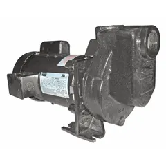 Self-priming centrifugal pump with TEFC motor enclosure for transferring water and light non-corrosive liquids. Operates on 115/208-230V AC, delivers up to 45 ft head, and features 1 1/2 in compatible intake and discharge connections. Suitable for irrigation, dewatering, and general fluid handling applications.