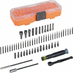 This 64-piece precision combination multi-bit screw and nut driver kit includes 60 bits and measures 8 3/4 inches in overall length. It is suited for precision fastening tasks in confined spaces, common in electrical, HVAC, and general maintenance work.