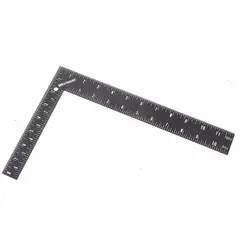 This framing square is made of steel with a powder finish. It has an 8-inch base and a 12-inch tongue, with 1/16-inch graduations in SAE units. Used for layout, marking, and checking right angles in carpentry and construction tasks such as rafter and stair layout.