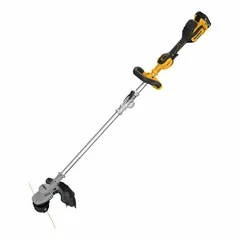 Battery-powered string trimmer with a 13 to 15 in cutting width. Features a foldable shaft for compact storage. Powered by a 5.0 Ah battery. Suitable for trimming grass and weeds along fences, walls, and garden beds.