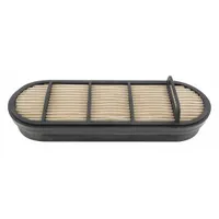 Engine air filter with oblong, channel-flow design and cellulose/paper media. Suitable for use in farm equipment. Traps airborne contaminants to protect the engine
