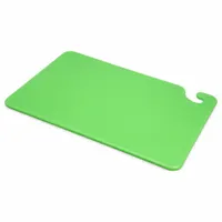 This SAN JAMAR cutting board is made of co-polymer material in green. It measures 12 inches in width and 18 inches in length. NSF Certified for food-contact surfaces, it is suited for food preparation tasks in commercial kitchens and foodservice operations
