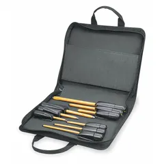 This 9-piece insulated screwdriver set includes Phillips and slotted tip drivers with an 11-inch overall length. Designed for electrical work, the insulation provides protection against shock. Suitable for installing, repairing, and maintaining electrical panels, outlets, and industrial equipment.