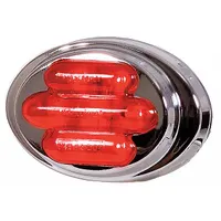 Red LED oval clearance light for surface mounting with pigtail connection. Features a red lens, hole mount, and IP67 rating for dust and water ingress protection. Used on trucks, trailers, and heavy equipment to mark vehicle width and height