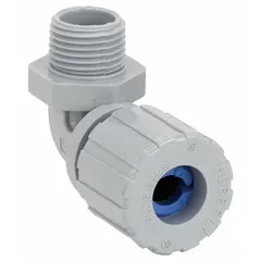 This 90° plastic cable grip provides liquid-tight strain relief for electrical cables entering junction boxes. It accepts cord diameters from 0.38 in to 0.50 in and connects via a 1/2 in MNPT thread. The gray nylon body and blue grommet are rated IP66 and Class II, Division 1 & 2 for hazardous locations.