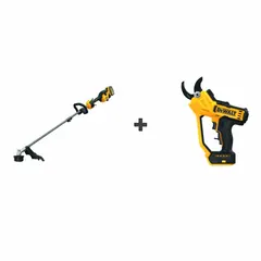 This combination kit includes a string trimmer with a 15-inch cutting width and a pruner, both powered by a 20V MAX* 9.0 Ah battery. Suitable for cutting grass, weeds, and light brush, as well as trimming branches and edging along fences and flower beds.