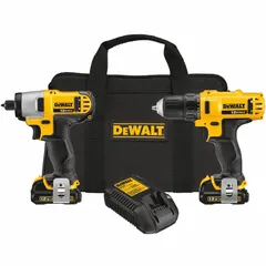 This 2-tool kit includes a drill and an impact driver, both powered by a 12V DC battery. The combination provides drilling and fastening capabilities for tasks such as light construction, maintenance, and assembly. Battery included.