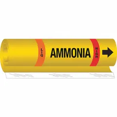 This ammonia wrap-around pipe marker is designed for high-pressure LIQ-phase lines. It fits pipes with an outer diameter of 1-1/2 to 2-3/8 inches and includes directional arrows for flow indication. Suitable for use in industrial refrigeration systems to identify ammonia piping.