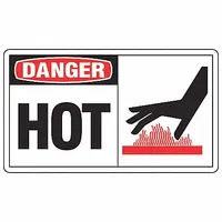 Adhesive-mount vinyl sign warning of hot surfaces or equipment. Nominal size 3 1/2 in x 5 in, 0.02 in thick. Not retroreflective, does not glow in the dark. Suitable for indoor use on machinery, pipes, or other hot surfaces