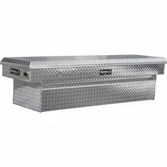 This single-lid crossover box is constructed from aluminum with a silver finish. It has an overall width of 71 inches and is designed for mounting across a pickup truck bed. Typical applications include organized storage of tools and equipment for construction, maintenance, and field service.