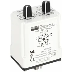 Socket-mounted time delay relay rated for 24V AC/DC and 10 A. Features 8 pins/terminals and single-function timing. Used in industrial control panels, automation systems, and conveyor controls to delay load switching.