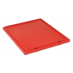 This red plastic lid is designed for standard stacking and nesting totes, compatible with models SNT225 and SNT230. It is FDA compliant for food-contact applications. The lid measures 20 7/8 x 18 1/4 inches and is suitable for covering totes in material handling and storage environments.