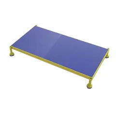 This cushioned single-step platform features a yellow steel frame and an antifatigue mat tread. The adjustable height accommodates various tasks and worker heights. Typical applications include industrial workstations, assembly lines, and maintenance areas where operator comfort and reduced strain are needed.