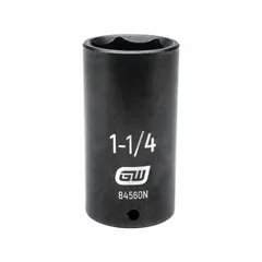 This 1/2" drive impact socket features a 1-1/4 in SAE size with a 6-point design. It is used with impact wrenches for tightening or loosening fasteners in automotive, heavy equipment, and industrial applications.