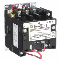Non-reversing NEMA magnetic contactor with 3 poles, NEMA Size 1, rated 27 A at 240V AC. Suitable for switching three-phase motors in industrial motor control and automation applications such as conveyors, pumps, compressors, and HVAC systems.