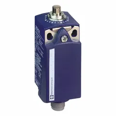 Non-metallic top-mount plunger limit switch from the XCKP series. Actuator type: plunger with a maximum operating force of 15 N. Electrical connection via 4-pin M12 connector. Used in industrial automation for position detection of moving parts.