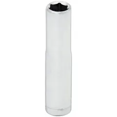 This 1/4" drive hand socket features a 5/16" SAE size, 6-point deep design, and 2" overall length. Constructed from chrome, it is suited for turning recessed or extended fasteners in automotive repair, machinery maintenance, and general assembly tasks.