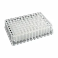 96-well deep well plate made of polypropylene with round wells of 8.45 mm diameter and 1.1 mL volume. Colorless and certified RNase/DNase free. Suitable for high-throughput sample storage and processing in molecular biology and microbiology laboratories.