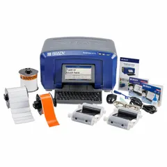 Standalone, multi-color desktop printer with Bluetooth connectivity, supporting mobile device and PC connection. Includes Brady Workstation Safety and Facility Identification Software Suite, a USB flash drive, and two black ribbon cartridges. Used for arc flash labeling and facility identification.