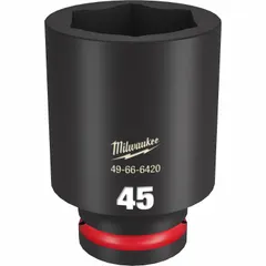 This 3/4" drive impact socket features a 45 mm metric, 6-point deep design with black phosphate finish and friction retention. It is intended for use with impact tools in heavy-duty fastening applications such as automotive, construction, and industrial maintenance.