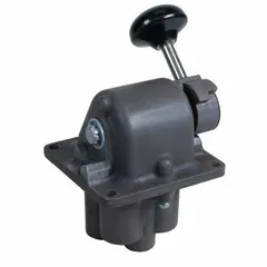 Three-way, two-position poppet valve with aluminum body and detent locking. 1/4-inch port size. Used for manual on/off or directional control of airflow in pneumatic systems.