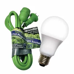 String fixture kit for indoor horticulture, providing full/broad spectrum light. Includes a 40 W Type A LED bulb and a plug-in fixture with a 6-foot cord. Operates on 120V AC. Suitable for flowering growth stages in small-scale applications.