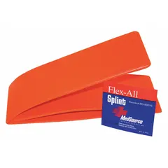 This MEDSOURCE standard splint is made of aluminum and measures 36 inches in length by 4 1/4 inches in width. It is used in medical settings to immobilize and support injured limbs or joints during emergency care, transport, or recovery. Supplied as a single splint in orange.
