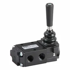 This Parker Directair 4 Series manual air control valve is a three-way, three-position, normally closed spool valve with manual return. It features a lever actuator and 1/4 in female NPT ports. The aluminum body is suited for directing or blocking compressed air flow in pneumatic systems, such as controlling actuators or cylinders.