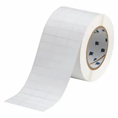 Polyester label roll with permanent adhesive, precut to 1/2 in x 1 in labels on a 3 11/32 in x 1/2 in roll. Compatible with BBP11 printer series. Used for industrial identification, asset tracking, cable marking, and component labeling.