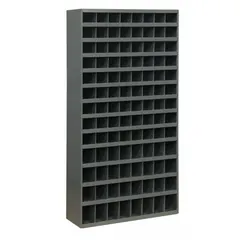 This lipped fixed-size compartmented shelving unit from DURHAM MFG is constructed of steel with a gray powder-coated finish. It features 104 compartments for organized storage of small parts, tools, documents, or mail in industrial, warehouse, and office environments.