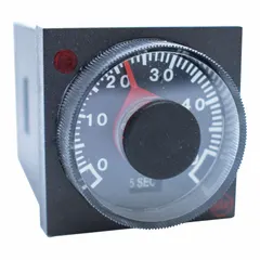 Socket-mounted time-delay relay with adjustable delay from 5 seconds to 10 minutes. Rated 10 A at 120/240V AC, with 8 pins/terminals. Used in industrial control panels for sequencing, conveyor timing, and HVAC staging.